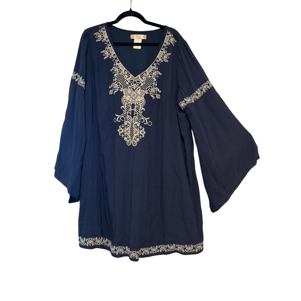 Flying Tomato sz 3X blue bell sleeve embroidered boho v neck navy blue dress K